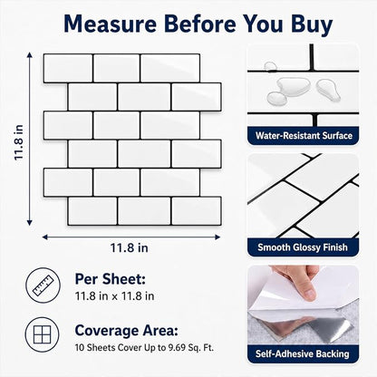 Peel and Stick Backsplash for Kitchen, White and Black | 10 pack self‑adhesive tiles for backsplash, bathroom, or accent wall. Easy DIY install and wipeable. Covers approx. 10 sq ft.