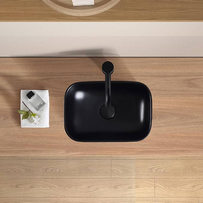 Black Vessel Sink 14.5"x10" Small Bathroom Sink Above Counter | 14 Inch Small Vessel Sink Black Ceramic Porcelain Bowl for Vanity Wash Basin Countertop Design