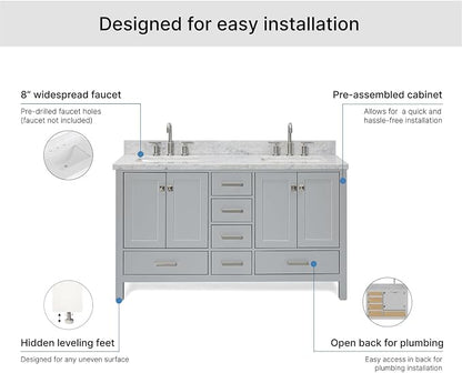 ARIEL Cambridge 60-inch Bathroom Vanity with Sink,Solid Wood, 1.5-inch Italian Carrara Marble Countertop, Double Rectangular Porcelain Sink, 4 Soft Closing Doors, 6 Dovetail Drawers, Grey