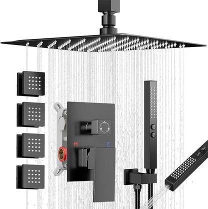 Shower Faucets Sets Shower System with Body Jets, Bostingner 10" Rain Shower Head with 2 In 1 Handheld Spray and 4 Jets, Ceiling Mount All Metal 3 Way Shower Set with Valve and Trim Kit, Matte Black
