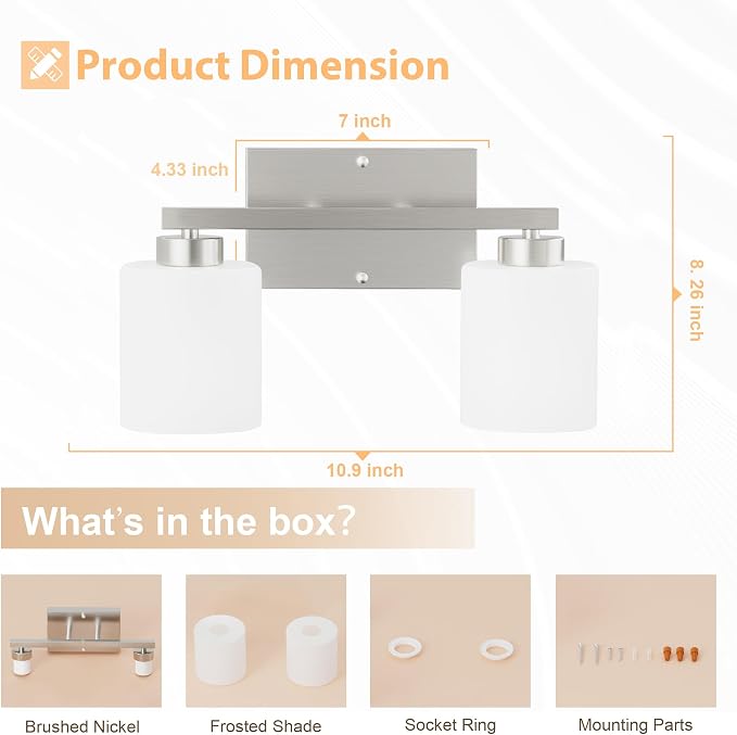 Honesorn Bathroom Vanity Light, 2 Light, Brushed Nickel, Frosted Shades | Bathroom Light Fixtures Over Mirror, Modern Bathroom Lights ,Wall Sconces, Anti-Rust, E26 Socket (Bulbs Not Included)