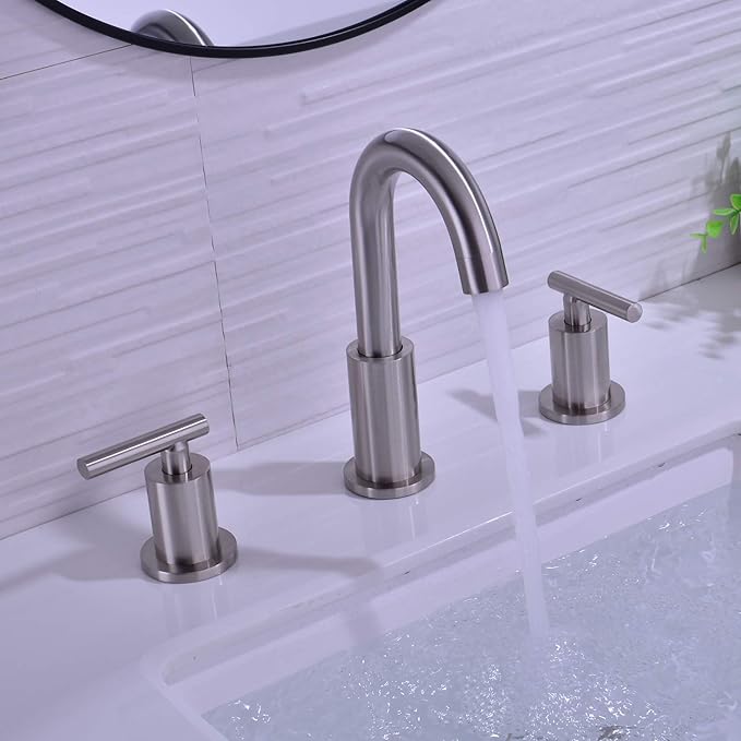 TRUSTMI 2-Handle 8 inch Widespread Brass Bathroom Sink Faucet with Pop Up Drain Assembly and cUPC Water Supply Hoses, Brushed Nickel