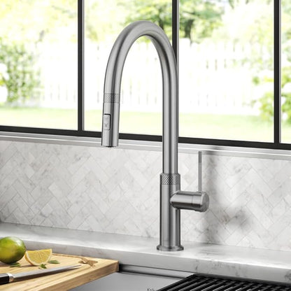 KRAUS Oletto Modern Industrial Pull-Down Single Handle Kitchen Faucet in Spot Free Stainless Steel, KPF-2654SFS