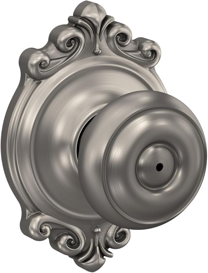 Schlage F40 GEO 619 BRK Georgian Door Knob with Brookshire Trim, Bed & Bath Privacy Lock, Satin Nickel