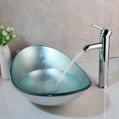 22" Bathroom Vessel Sink Oval Silver Washing Basin Bowl | Artistic Tempered Glass, Oval Vessel Sink, Above Counter, Chrome Faucet and Pop-up Drain Combo