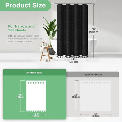 Stall Boho Farmhouse Shower Curtain Tufted Geometric 54"x78" Black | 54 x 78 inch Long, Elegant Tassel, Lightweight Textured Fabric, Water Repellent, Washable, for Narrow Bathroom/Dorm 10 Hooks