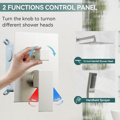 Shower System Shower Faucet Set, STARBATH 12" Wall Mount Rain Shower Head and Handheld Spray for Two Person, Rainfall Shower System with Diverter Valve and Trim Kit Complete,Brushed Nickel