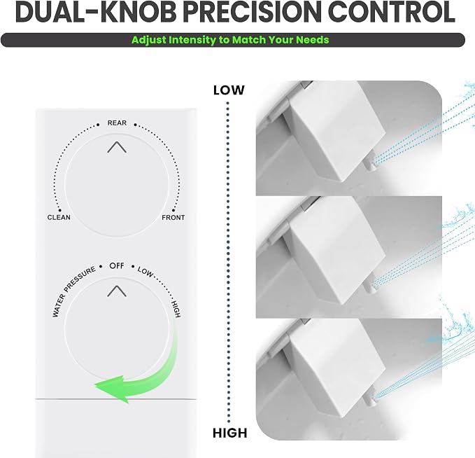 Toilet Bidet With Left/Right Side Reversible Design, Fresh Water, Non-Electric, Toilet Bidet Attachment, Right/Left Hand Side with Dual Nozzle, Self-Clean, Easy to Install (White Knob)