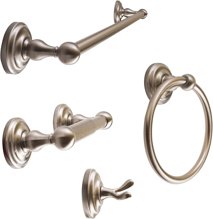 SENTO ROBIKI Modern Nickel Bathroom Hardware Accessories Set, Includes Robe Hook, Toilet Paper Holder, Towel Ring, 24" Towel Bar, Duty Metal Bath Hardware Set Wall Mounted(4-Piece, Satin Nickel)