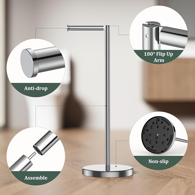 Chrome Toilet Paper Holder Stand Freestanding Tissue Roll Holder Bathroom | 304 Stainless Steel Rustproof Free Standing Toilet Paper Stand Storage for 4 Rolls(Fits All Rolls) by Evolvegoods