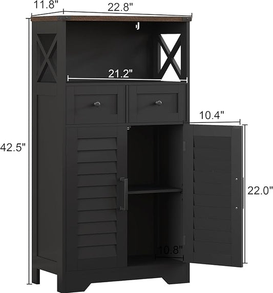 ChooChoo Farmhouse Storage Cabinet, Bathroom Floor Cabinet with Doors and Drawers, Kitchen Pantry Cabinet for Living Room, Laundry, Black