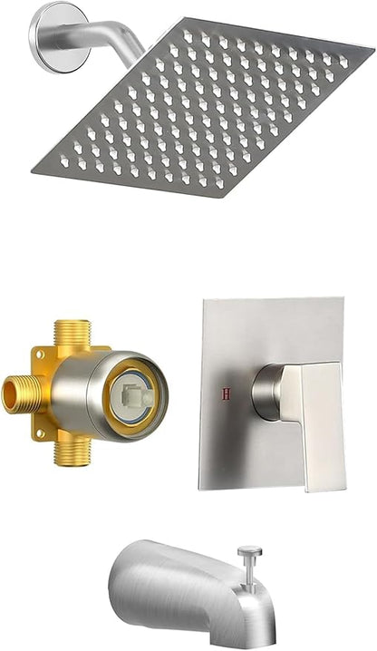Shower Faucet Set with Tub Spout, 8 Inch Square Wall Mounted Rainfall Shower Head with Rough-in Valve Body, Bathroom Shower Trim Kit Single Function RV Shower System(Brush Nickel)