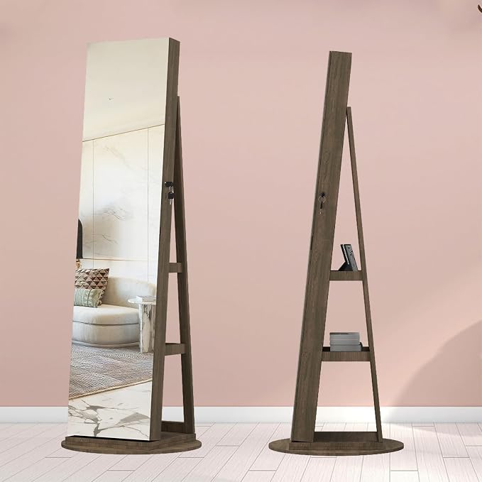 Jewelry Armoire with Full Length Mirror - 360° Swivel Standing Floor Mirror Jewelry Cabinet, Lockable Storage Organizer , 3 Shelves & Drawers,Tall Mirror with Storage for Women (Antique brown)