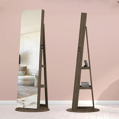 Jewelry Armoire with Full Length Mirror - 360° Swivel Standing Floor Mirror Jewelry Cabinet, Lockable Storage Organizer , 3 Shelves & Drawers,Tall Mirror with Storage for Women (Antique brown)