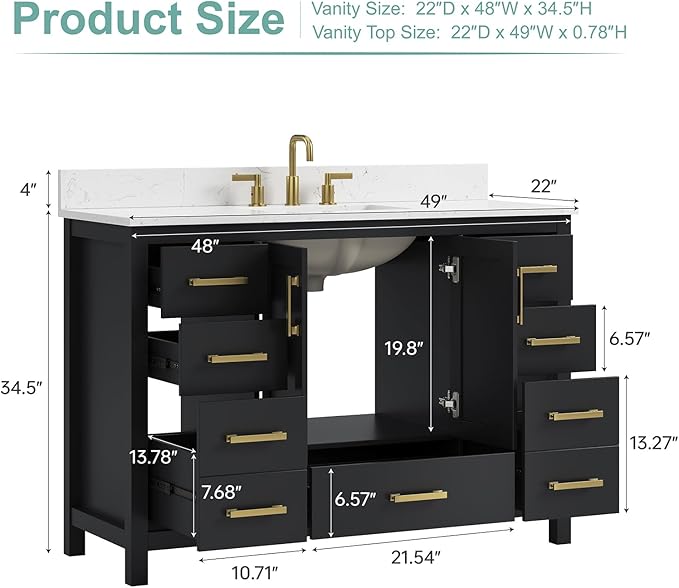 48 Inch Black Bathroom Vanity with Sink, Fully Assembled Bathroom Vanities Storage Cabinet with 2 Soft Close Doors & 7 Fully Extendable Drawers, Carrara Engineered Stone Top, Backsplash