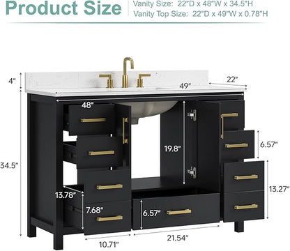 48 Inch Black Bathroom Vanity with Sink, Fully Assembled Bathroom Vanities Storage Cabinet with 2 Soft Close Doors & 7 Fully Extendable Drawers, Carrara Engineered Stone Top, Backsplash