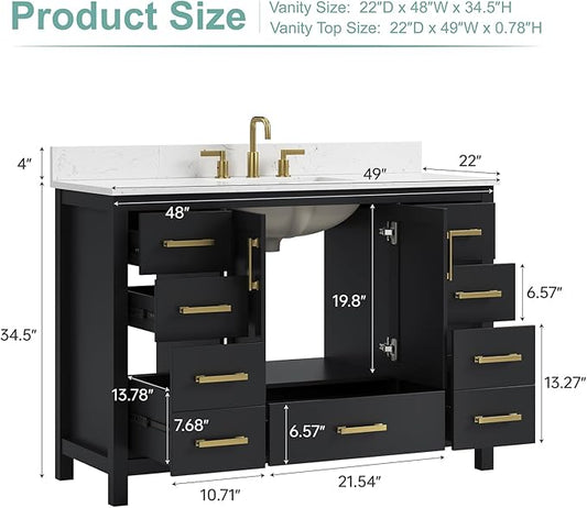 48 Inch Black Bathroom Vanity with Sink, Fully Assembled Bathroom Vanities Storage Cabinet with 2 Soft Close Doors & 7 Fully Extendable Drawers, Carrara Engineered Stone Top, Backsplash