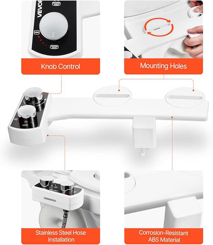 VEVOR Bidet Attachment for Toilet, Non-Electric Bidet Toilet Seat Attachment - Dual Retractable Nozzles, Adjustable Water Pressure, Easily Installed Cold Water Sprayer for Rear Feminine Wash, White