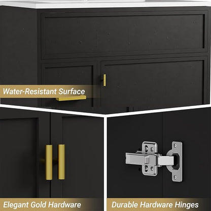 30 Inch Freestanding Bathroom Vanity with Sink, Shaker Style Black Cabinet with 2 Drawers & Single Door, Waterproof Lacquer Finish, Space-Saving for Small Bathroom & Apartment