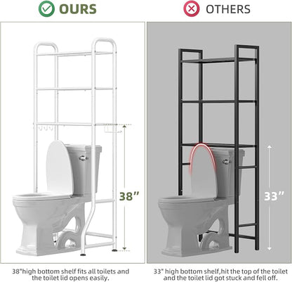 Simple Trending Over The Toilet Storage Rack, Metal 3 Tier Bathroom Organizer Shelf with Paper Holder and 3 Hooks, Freestanding Shelf Space Saver Above Toilet, White