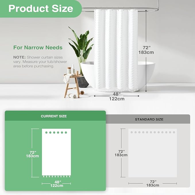 Dynamene Stall Fabric Shower Curtain, 48 Inch Wide Boho Farmhouse Tufted Chevron Striped Tassel Shower Curtain for Bathroom, Minimalist Ruffled Textured Cloth Shower Curtain Set, 8 Hook, 48x72, White