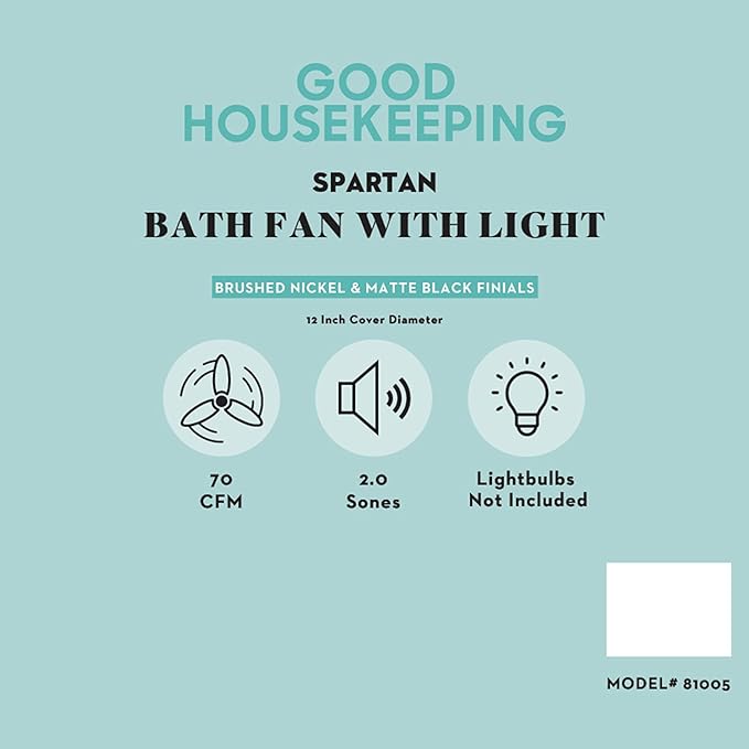 Good Housekeeping (81005) Spartan 70 CFM 2.0 Sones Decorative Bathroom Ventilation Exhaust Fan with Light (2 Finials Included)