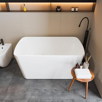 49" Acrylic Freestanding Bathtub - Japanese Square Soaking Tub with Built-in Seat & Toe-Tap Drain, Glossy White Finish, CUPC Certified