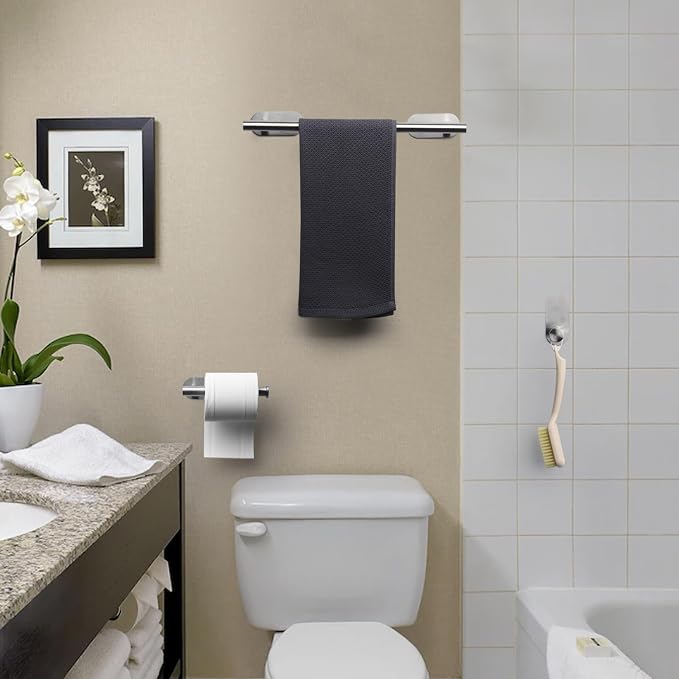 JiGiU Self Adhesive Towel Bar, Wall Mount No Drill Bathroom Hardware Set | Include 16-Inch Bath Towel Bar,Toilet Paper Holder Towel Ring & 3-Pack Towel Hooks Stainless Steel Sticky on Towel Holder Kit