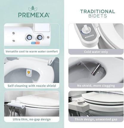 Warm Water Bidet Attachment for Toilets, Self Cleaning Dual Nozzle, Non-Electric, Easy DIY Installation, Sink Access Required for Warm Water