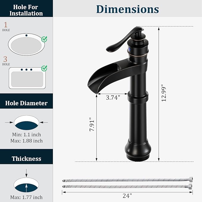 Oil Rubbed Bronze Vessel Sink Faucet Brass Tall Waterfall Bathroom Faucet | Single Handle Bathroom Sink Faucets with Pop Up Drain Without Overflow and Supply Hoses Mixer Tap Deck Mount by BATHLAVISH