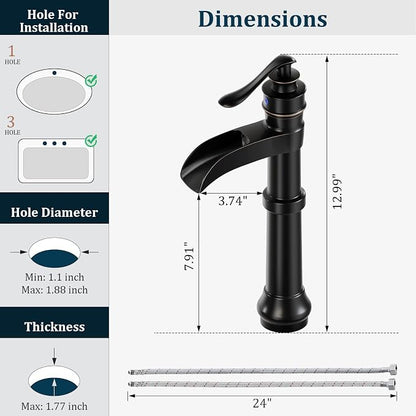 Oil Rubbed Bronze Vessel Sink Faucet Brass Tall Waterfall Bathroom Faucet | Single Handle Bathroom Sink Faucets with Pop Up Drain Without Overflow and Supply Hoses Mixer Tap Deck Mount by BATHLAVISH
