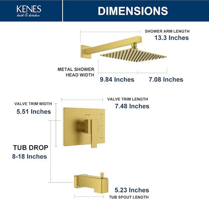 KENES Brushed Gold Shower Set with Tub Faucet, Square Tub Shower Faucet Set | Shower Faucet with 10-Inch Rain Shower Head, Square Shower System, Valve Included, Lead-Free cUPC & NSF Certified, Stainless