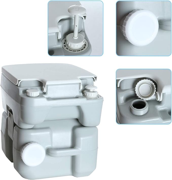 Portable Toilet 5.3 Gallons 20L Piston Pump Flush Effortless Travel Potty Cleaning Detachable Tanks for Camping RV Hiking Trips and Boating