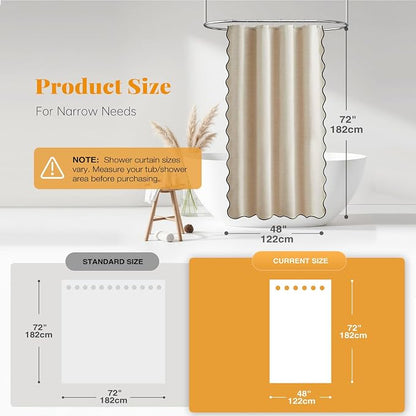 BTTN Small Shower Curtain, 48 Inch Boho Scalloped Linen Textured Heavy Duty Fabric Shower Curtain Set with 8 Hooks, Narrow Country Rustic Waterproof Fabric Shower Curtains for Bathroom, 48x72, Cream