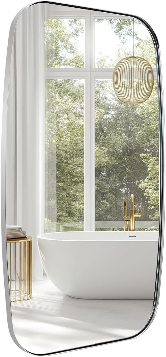 Chrome Oblong Mirror, 30x48 Inch Polished Chrome Oval Mirror for Bathroom with Stainless Steel Metal Frame, Wall Mouned for Bathroom, Living Room, Entryway