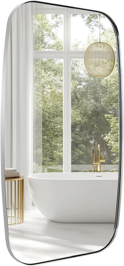 Chrome Oblong Mirror, 30x48 Inch Polished Chrome Oval Mirror for Bathroom with Stainless Steel Metal Frame, Wall Mouned for Bathroom, Living Room, Entryway