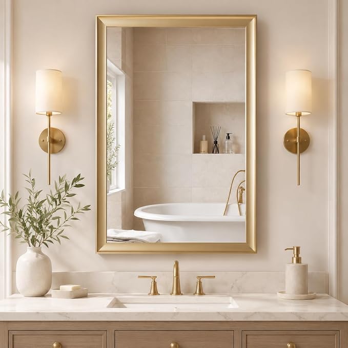 Gold Bathroom Mirror 24x36 Inch, Rectangle Vanity Mirror | Brushed Champagne Gold Mirror for Wall, Bedroom, Entryway, Living Room, Aluminum Framed, Curved Wide Edge