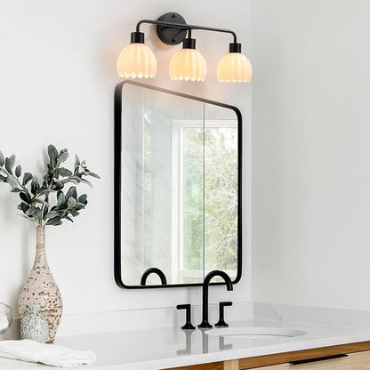 Black 3-Light Vanlity Light Over Mirror,Wall Sconces,Modern Bathroom Light Fixture with Milk White Glass Flower Shade,E26 Socket(Bulbs Not Included)
