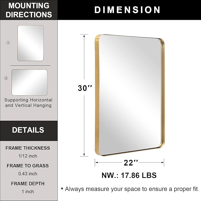 Gold Bathroom Mirror,22x30'' Brushed Brass Metal Frame Rounded Corner Wall Mirror,Rectangle Wall Mounted Mirror Glass Panel Hangs Horizontal or Vertical for Bathroom,Vanity,Washroom