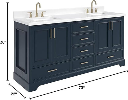 Langford 72-inch Midnight Blue Bathroom Vanity with Left & Right Rectangle Double Sinks, Pure White Quartz Countertop & Backsplash, Solid Wood Frame, Soft-Closing & Dovetail Drawers