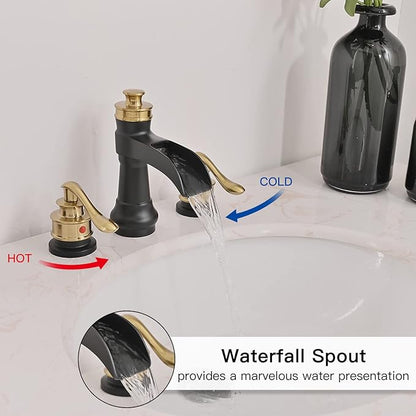 BWE Black and Gold Widespread Bathroom Faucet 3 Hole 8 Inch 2 Handles Commercial Bathroom Sink Faucet with Brass Pop Up Drain Stopper and Supply Lines Bath Vanity Lavatory Mixer Tap