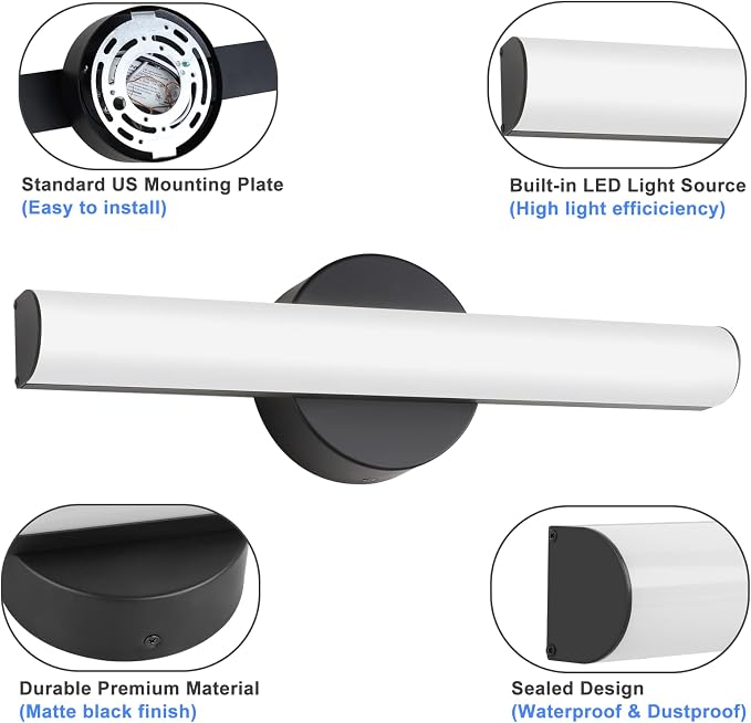 2-Pack Modern Dimmable LED Vanity Light Bar Lighting Fixtures, 15.9 Inch LED Bathroom Light Fixture Over Mirror, 15W 1300LM Daylight White 5000K Wall Sconces Lighting, Black Bath Lamp Bar
