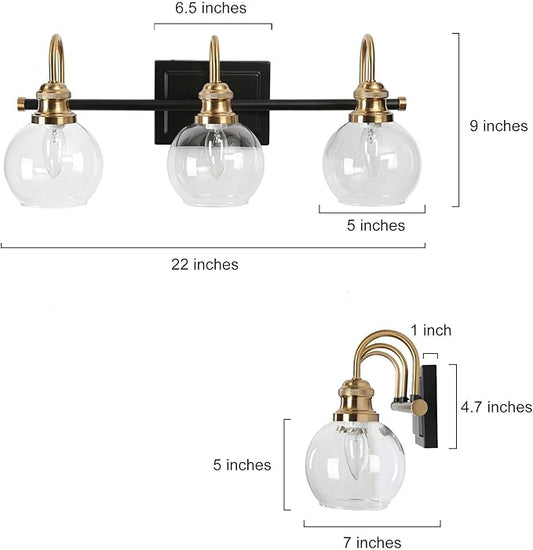 KSANA Black Gold Vanity Light, Modern 3-Light Bathroom Light Fixture with Clear Glass Globes, Electroplating Brass 22”L Vanity Lighting Over Mirror