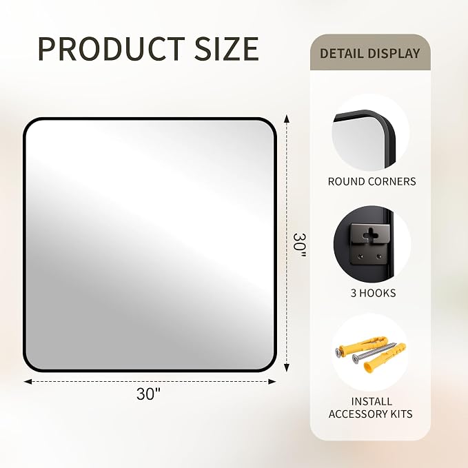 FICTOR Bathroom Mirror for Over Sink, 30"x30" Vanity Mirror for Wall, Black | Shatterproof Tempered Glass, Anti-Rust Frame, Vertical/Horizontal Mounting, Wall Mirror for Bedroom, Living Room, Entryway