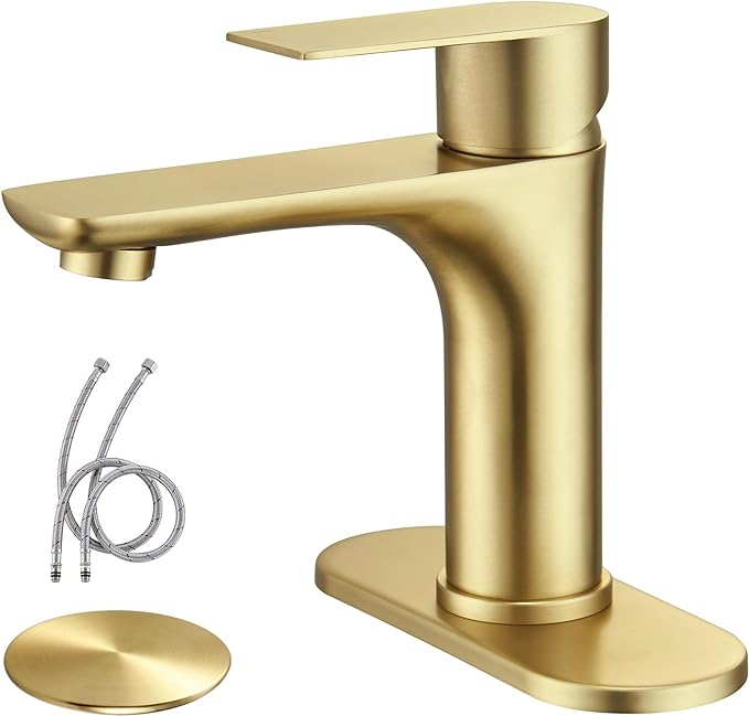 TONNY Single Handle Gold Bathroom Faucet | Stainless Steel Vanity Faucet with Deck Plate for 1 or 3 Holes, with Pop Up Drain for Vessel Sink Laundry Lavatory RV