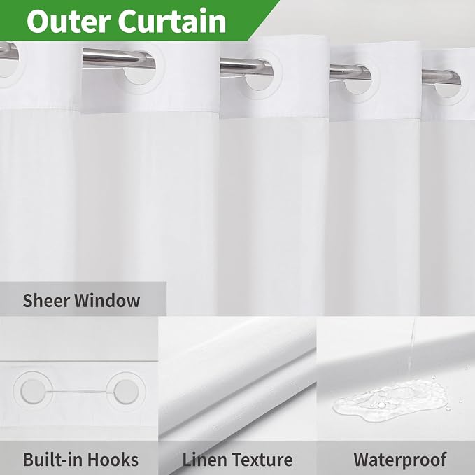 eachope No Hook Linen Texture Shower Curtain with Snap-in Liner,71x92 White | Extra Long,230GSM Thick Fabric,Hotel Luxury Decor,Mesh Top Window,Bottom Magnetic,Waterproof & Machine Washable,for Bathroom