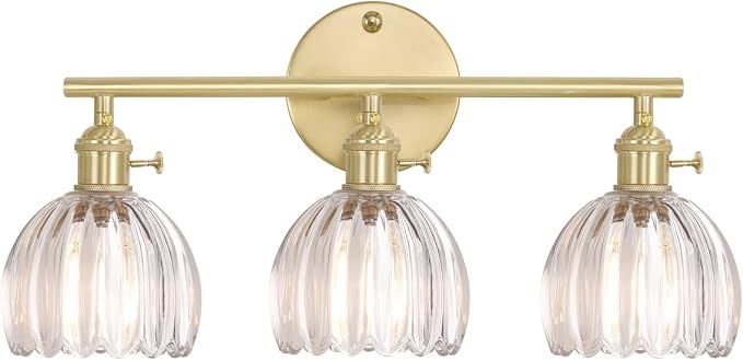 Shenmoyl Bathroom Light Fixtures, 3-Light Brass Vanity wall Light Over Mirror with Clear Tulip Glass Shade for Bedroom Living Room (Bulb Not Included)