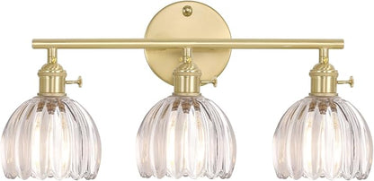 Shenmoyl Bathroom Light Fixtures, 3-Light Brass Vanity wall Light Over Mirror with Clear Tulip Glass Shade for Bedroom Living Room (Bulb Not Included)