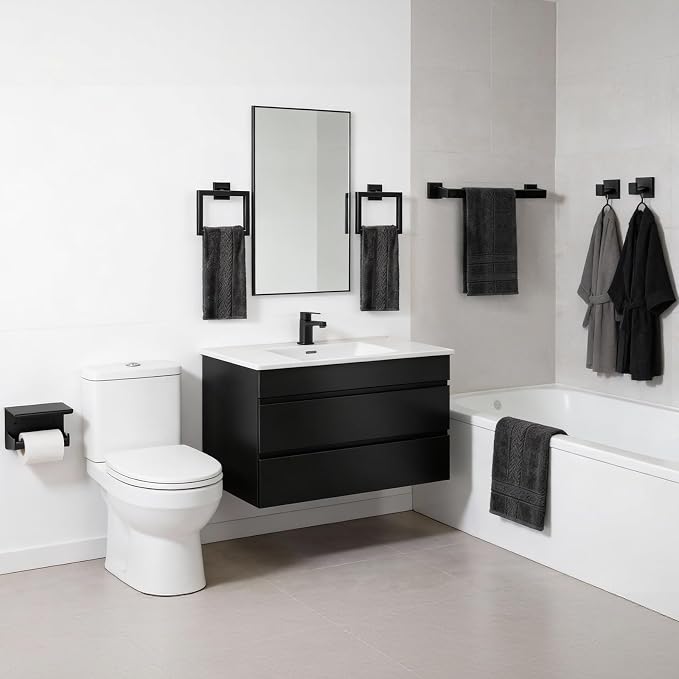 Matte Black Bathroom Hardware Set 6-Piece, Stainless Steel Black Bathroom Accessories, 16" Towel Bar, Toilet Paper Holder with Shelf, 2 Towel Rings & 2 Heavy-Duty Hooks, Wall Mounted for Bathroom