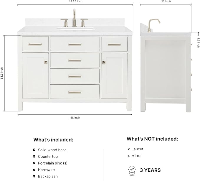 Alenza 48" White Bathroom Vanity with Sink, 1.5" Carrara Quartz Countertop, Single Rectangular Undermount Sink, 2 Soft Closing Doors, 5 Dovetail Drawers